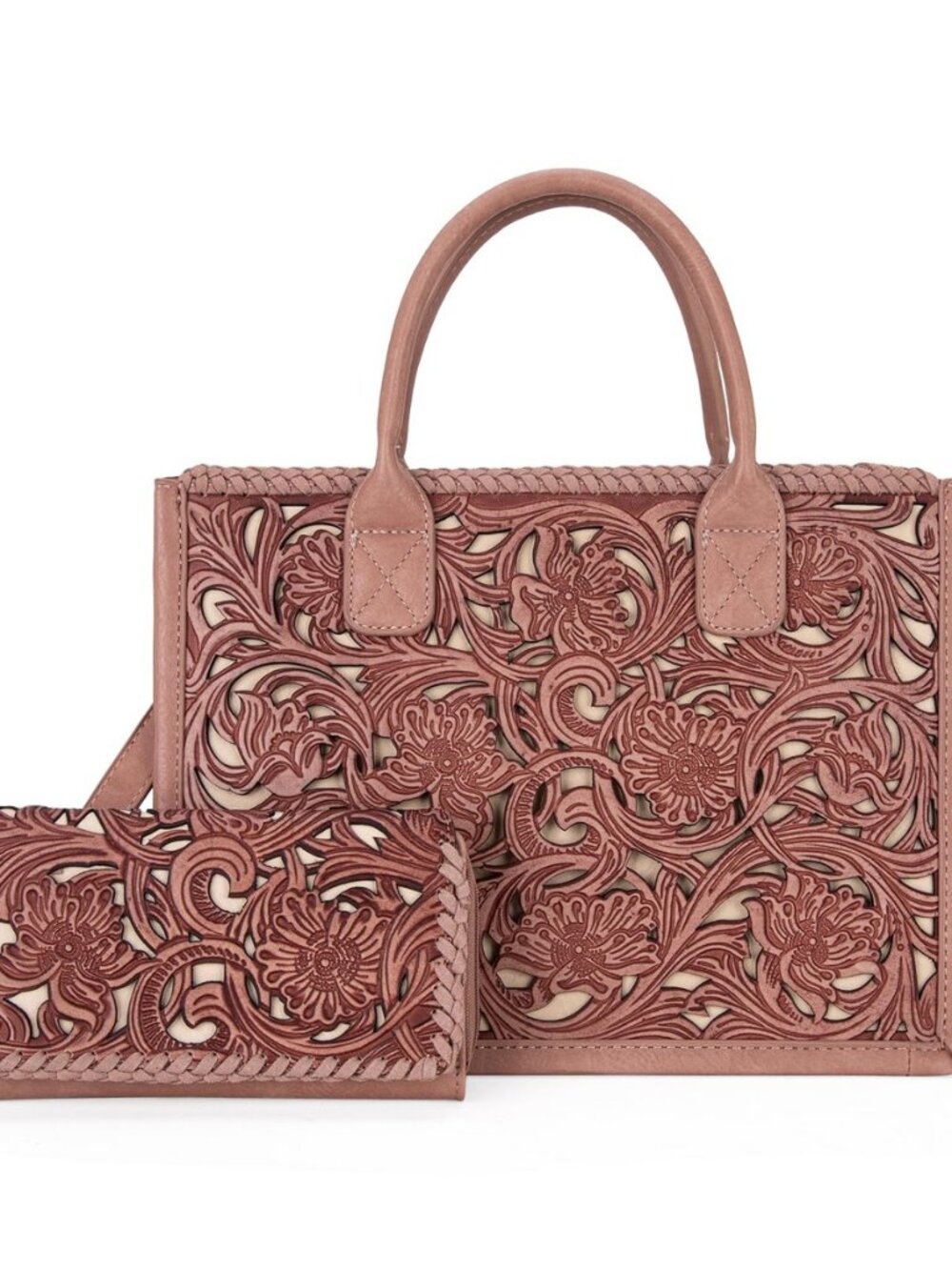Tote Bags for Women Floral Tooled Fringe with Wallet Set